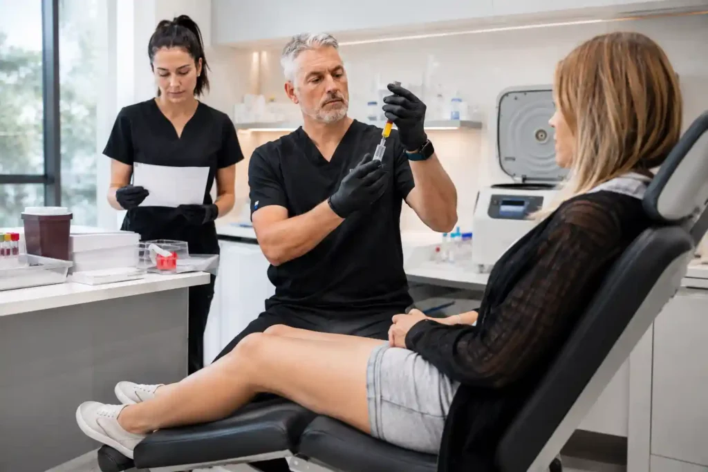 Healthcare professional performing a platelet-rich plasma injection procedure while following standardized regenerative medicine protocols in a modern clinical setting.