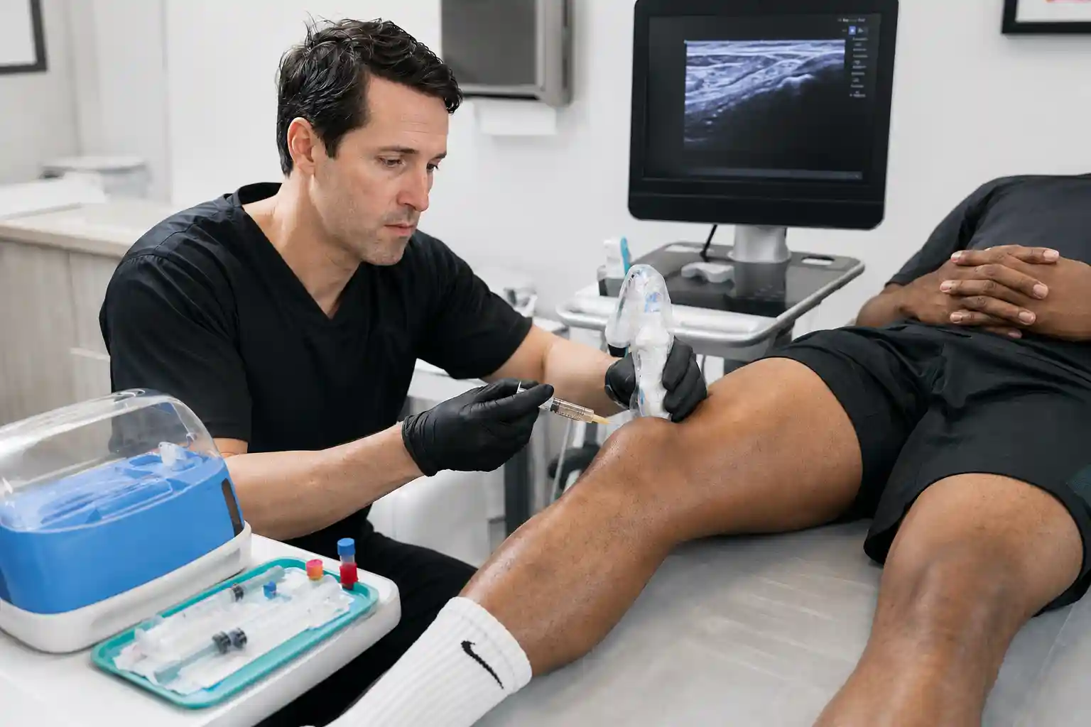 Healthcare professional performing an ultrasound-guided PRP injection on an athlete's injured knee as part of sports injury recovery and regenerative medicine treatment