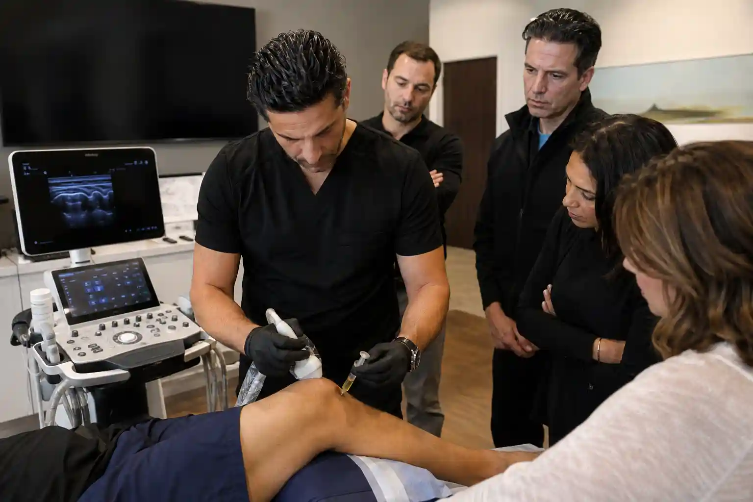 Healthcare professional performing platelet-rich plasma injection during regenerative medicine training while reviewing a clinical case study with students