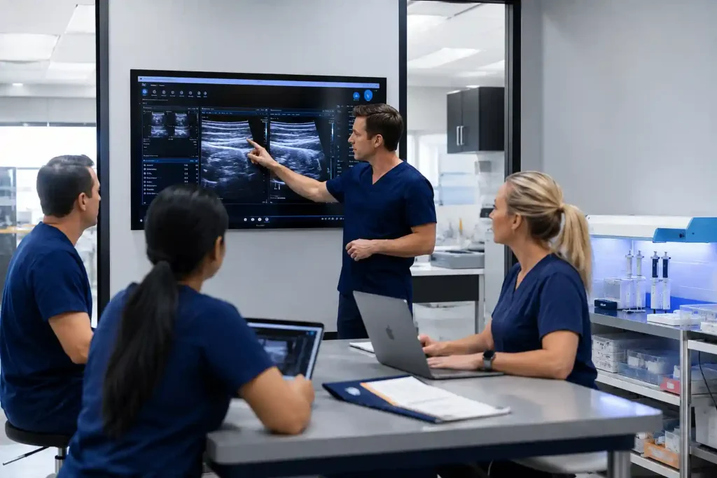 Healthcare professionals discussing regenerative medicine integration strategies while reviewing patient treatment plans in a modern medical clinic