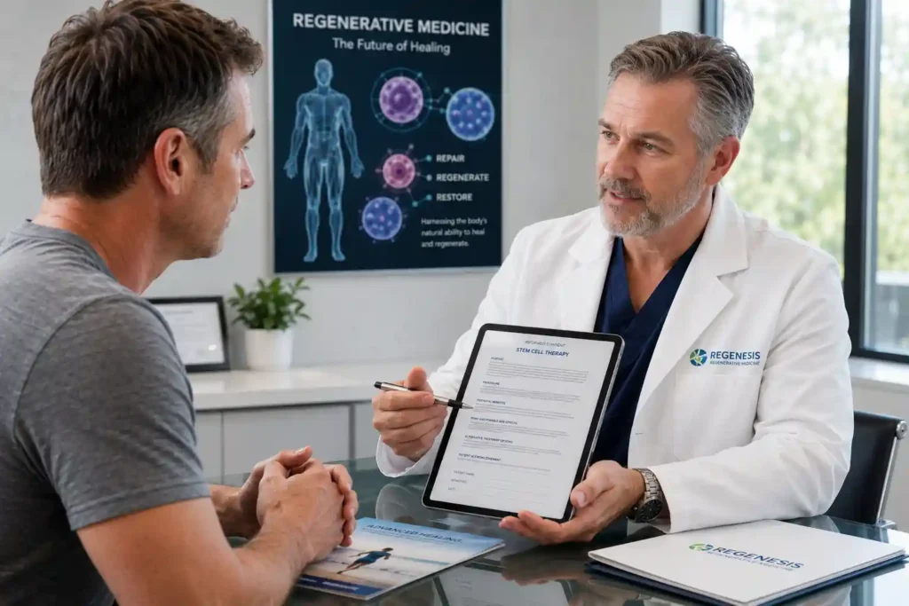 Physician explaining regenerative medicine stem cell treatment options and informed consent documents to a patient during a professional medical consultation