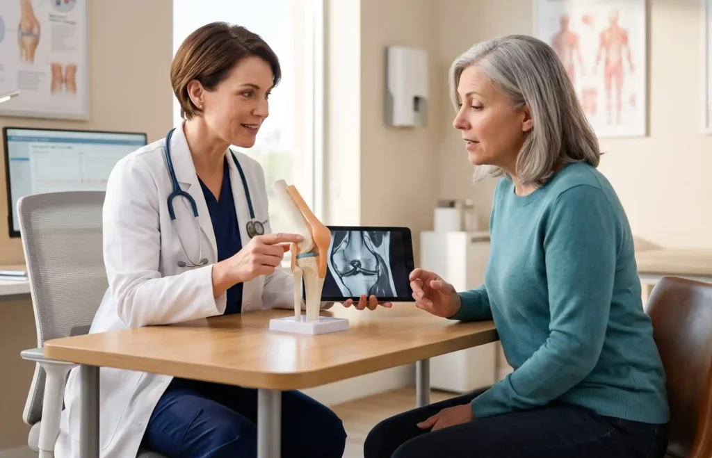 Physician explaining regenerative medicine treatment options to a patient using anatomical models during a consultation in a modern medical clinic