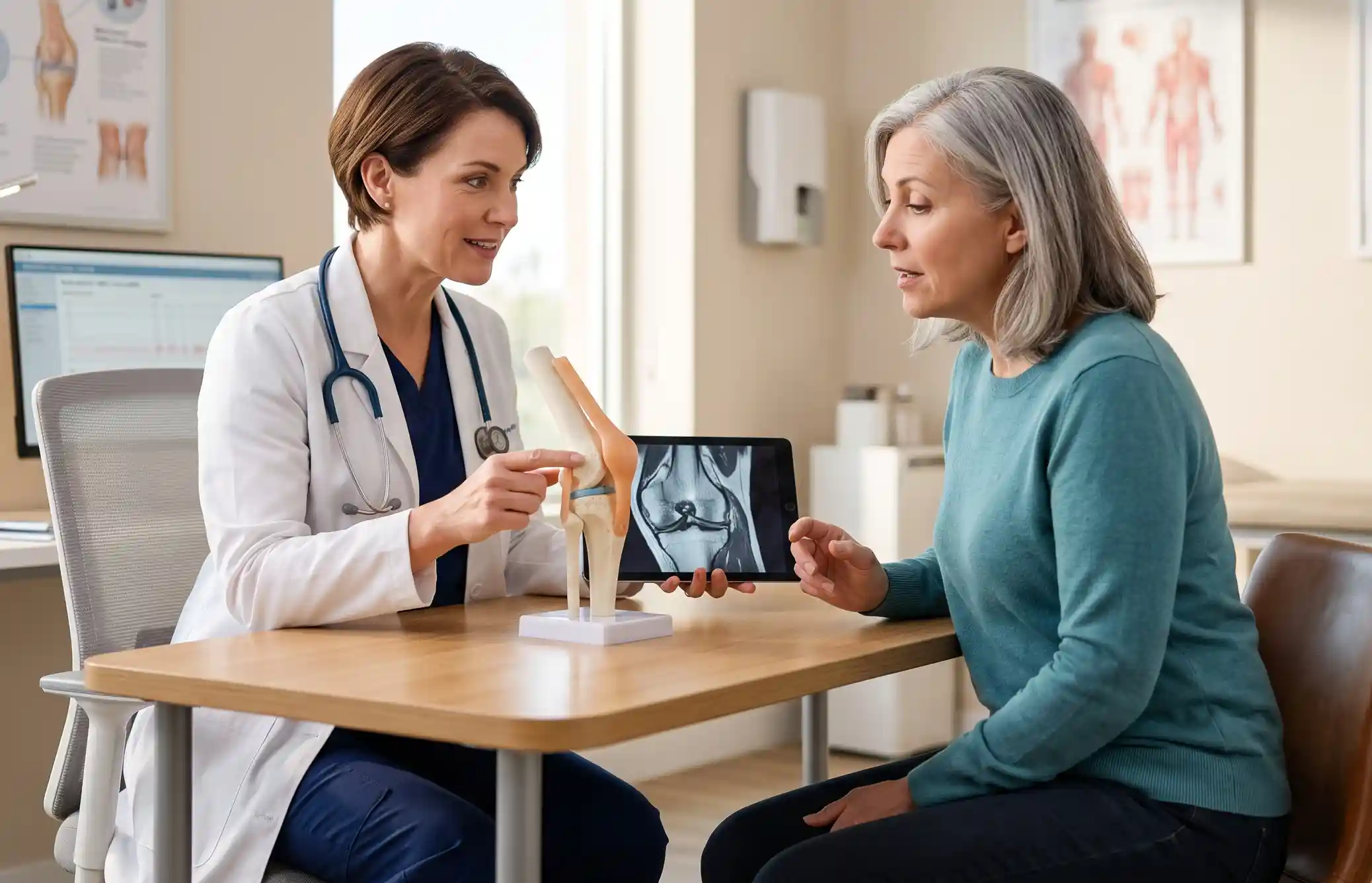 Physician explaining regenerative medicine treatment options to a patient using anatomical models during a consultation in a modern medical clinic
