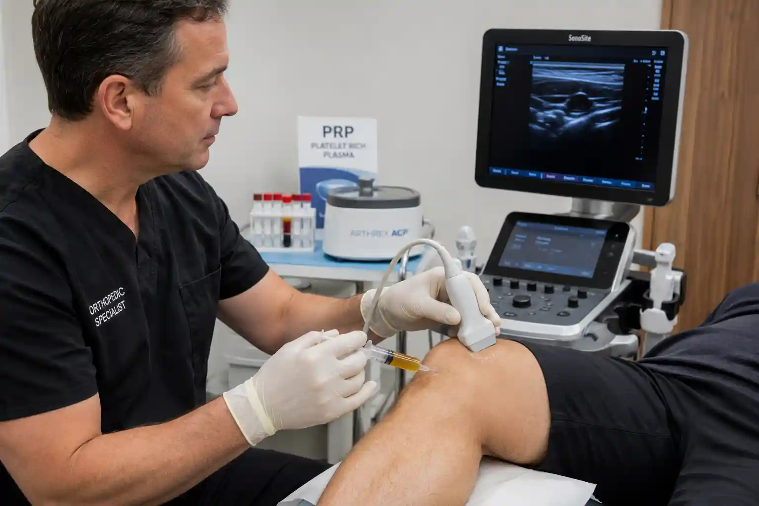 Physician performing a platelet-rich plasma (PRP) injection into a patient's knee joint during a regenerative medicine treatment for musculoskeletal injury recovery