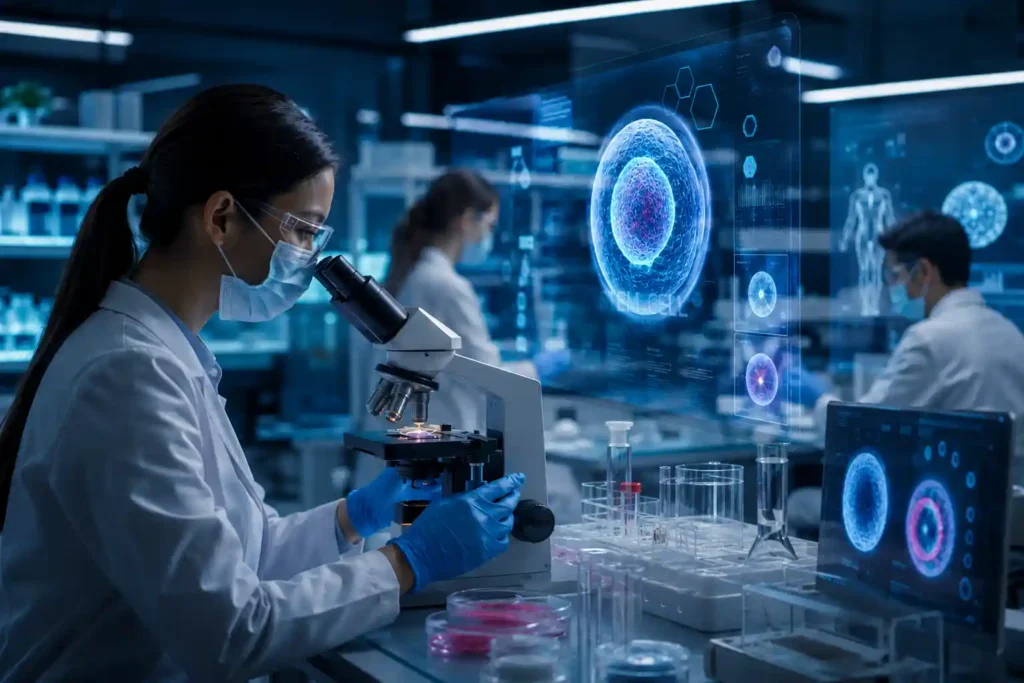 Scientists conducting advanced stem cell research in a regenerative medicine laboratory, analyzing cell cultures and tissue regeneration technologies