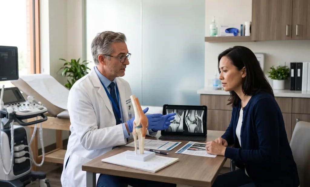 Physician explaining the limitations and risks of regenerative medicine stem cell treatments to patients during a medical consultation with anatomical models in a modern clinical setting