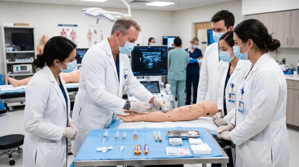 Physician participating in hands-on regenerative medicine training at IARM while learning ultrasound-guided biologic injection techniques in a clinical education setting