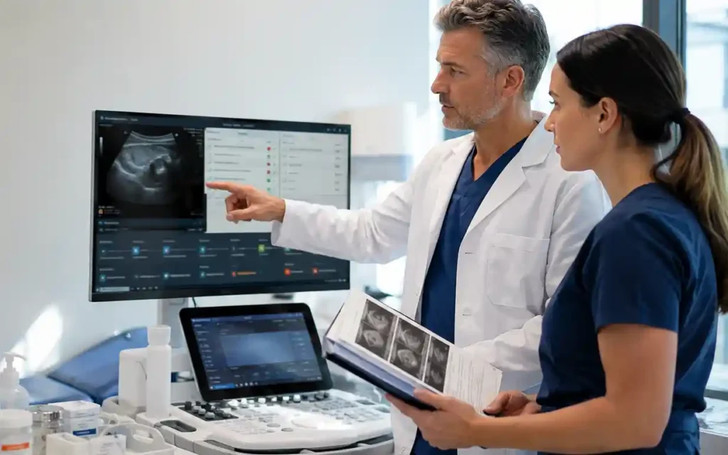 Physician and healthcare professional reviewing patient safety protocols and clinical workflow in a modern regenerative medicine clinic.