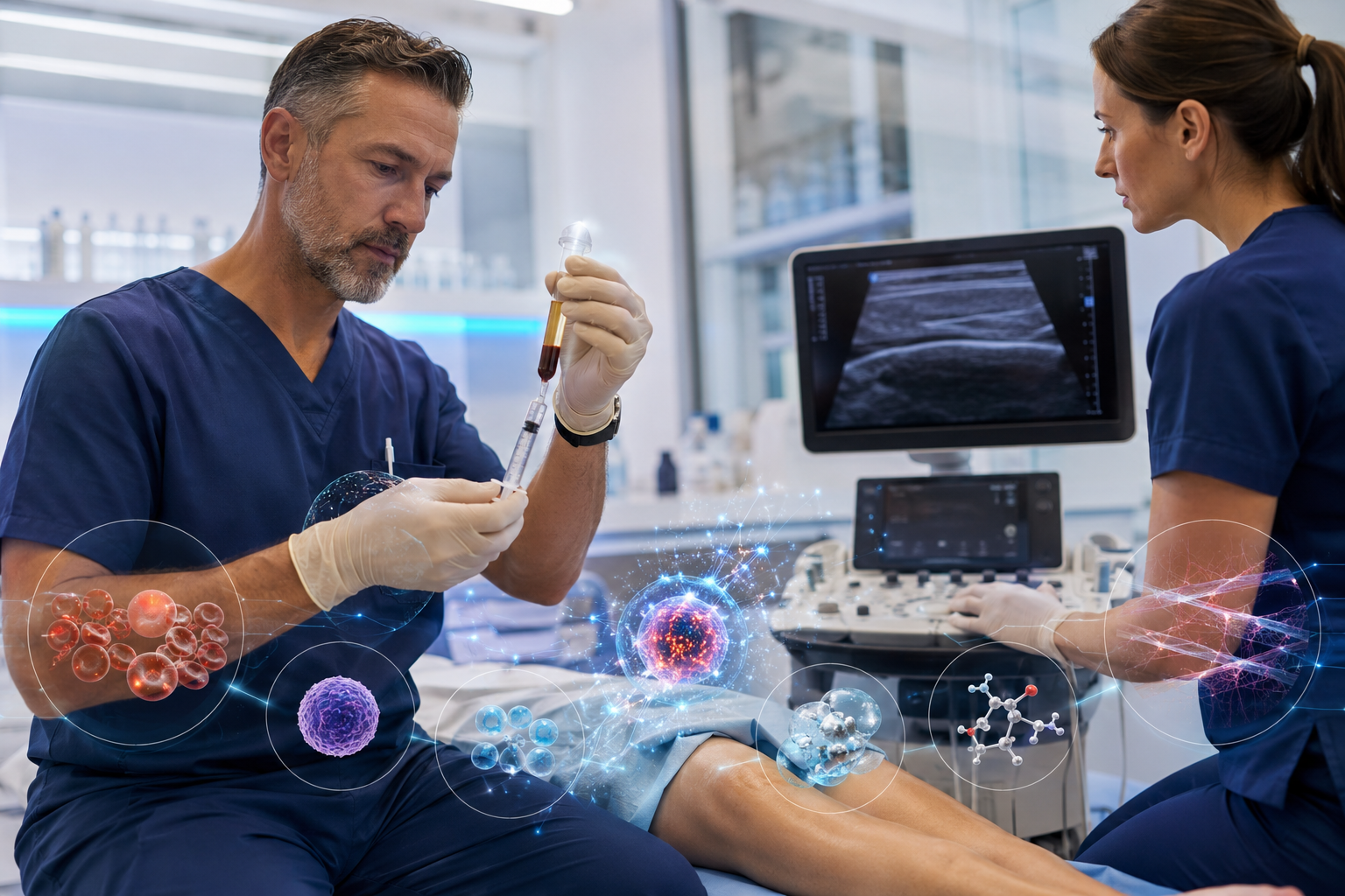 Physician performing a platelet-rich plasma (PRP) injection while discussing combined regenerative medicine therapies including stem cells, exosomes, and peptide protocols in a modern medical training clinic