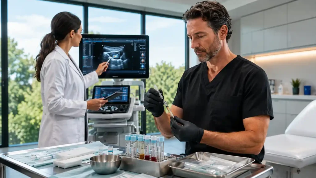 Physician performing a regenerative medicine procedure in a modern clinical training environment while reviewing ultrasound-guided treatment workflow